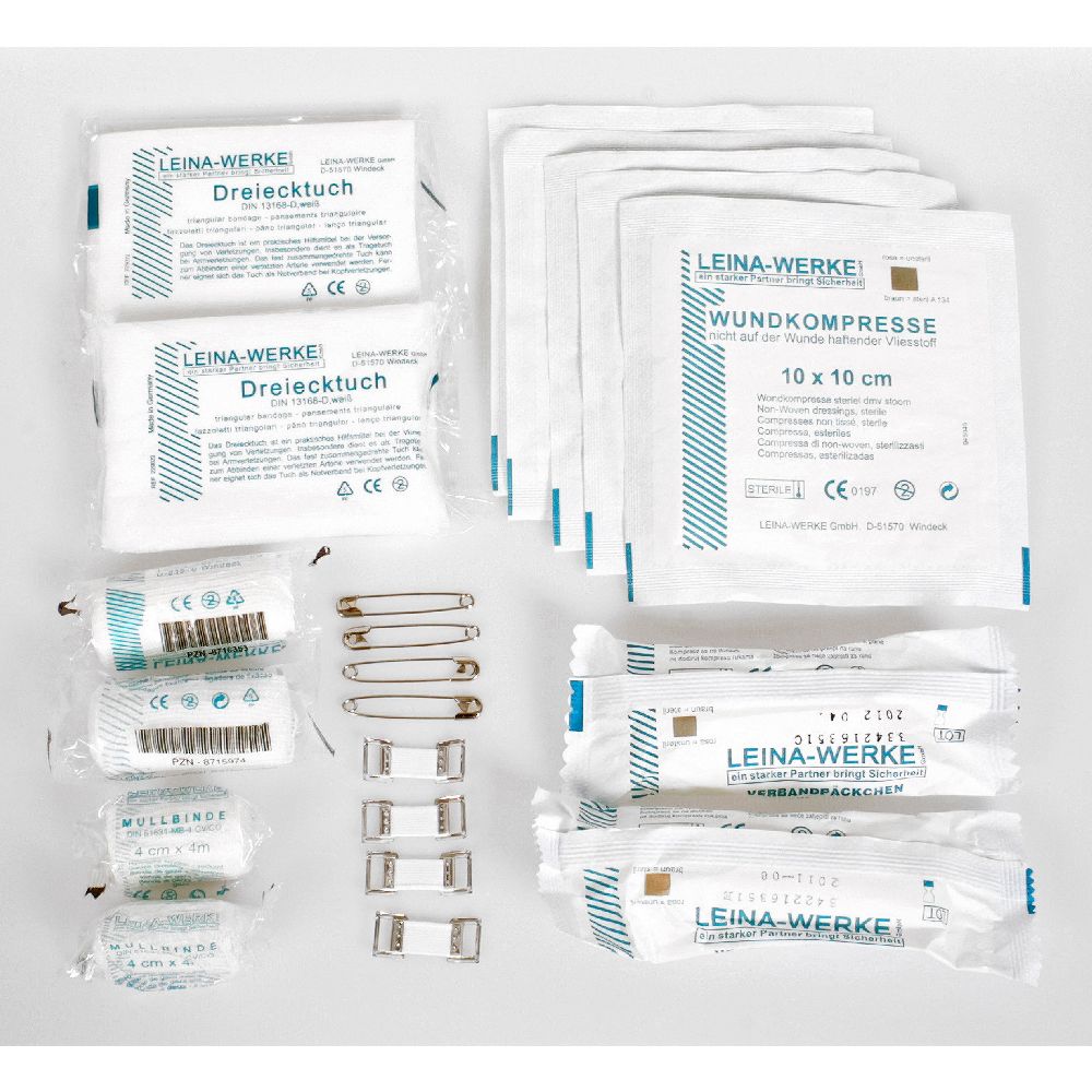 BasicNature Waterproof First aid kit 'Expedition' displaying kit contents bandages, clips and pins