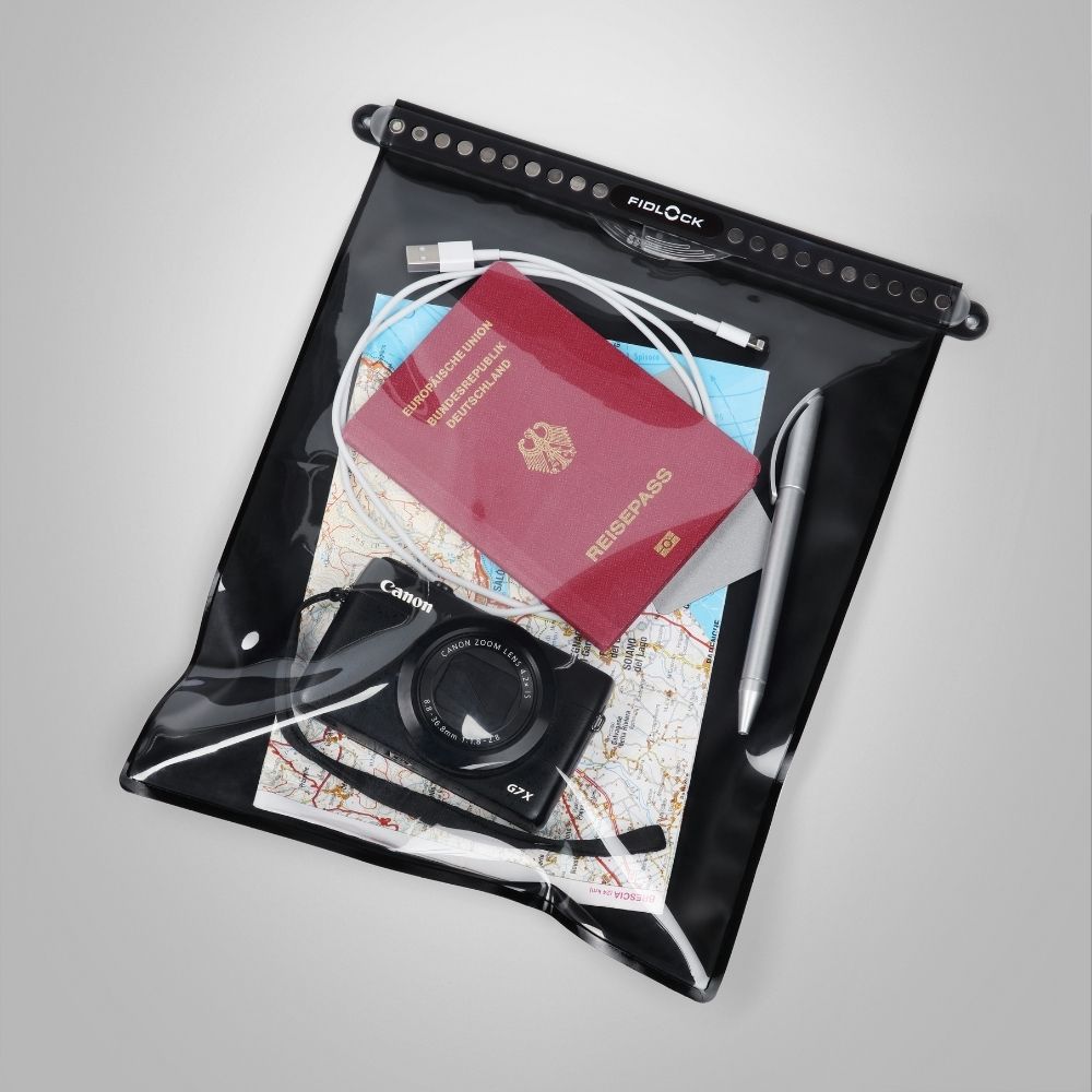 Fidlock Hermetic Dry Bag Mega with camera, passport, map and charging cable