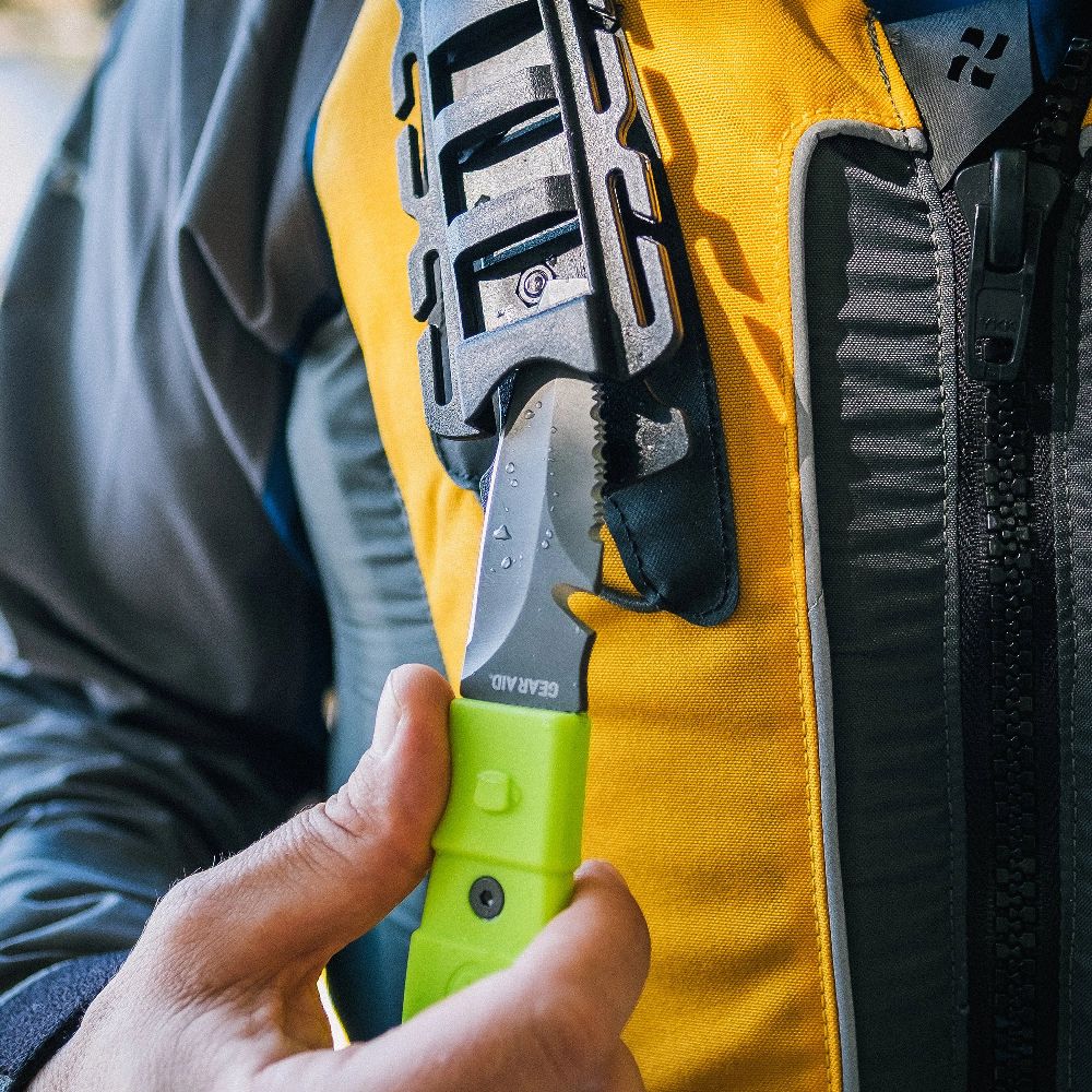 Gear Aid Akua River Knife green in sheath on clothing