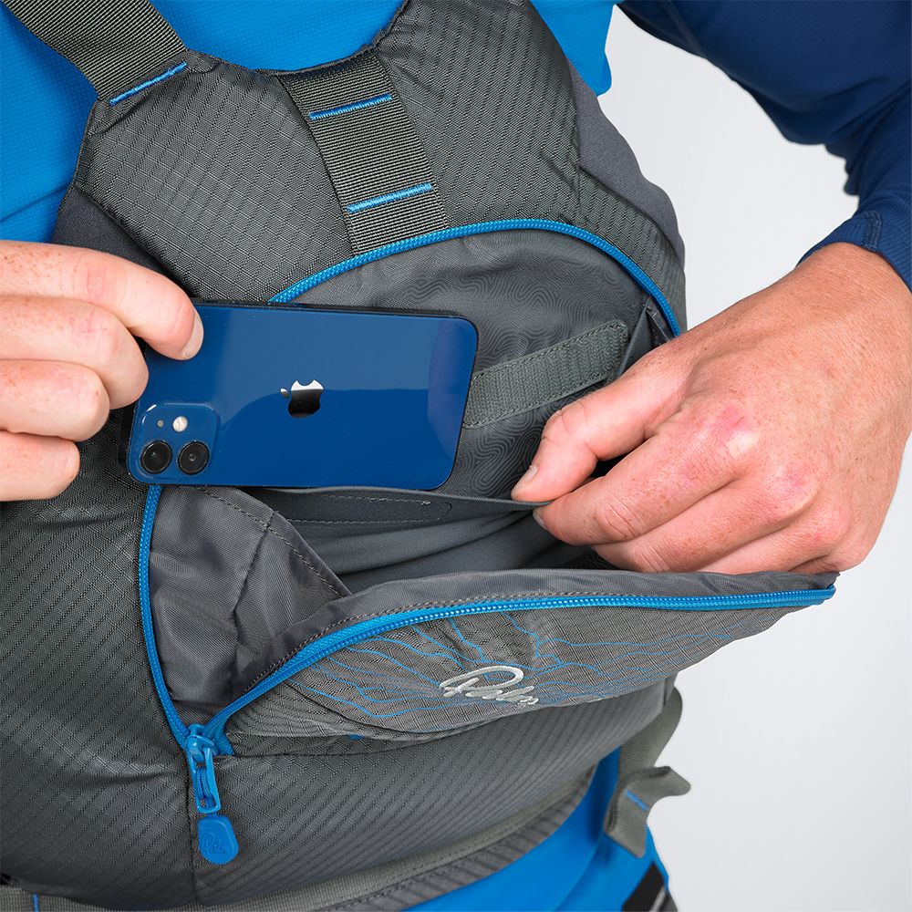 Palm Riff Whitewater Buoyancy Aid jet grey zoom on front pocket with phone