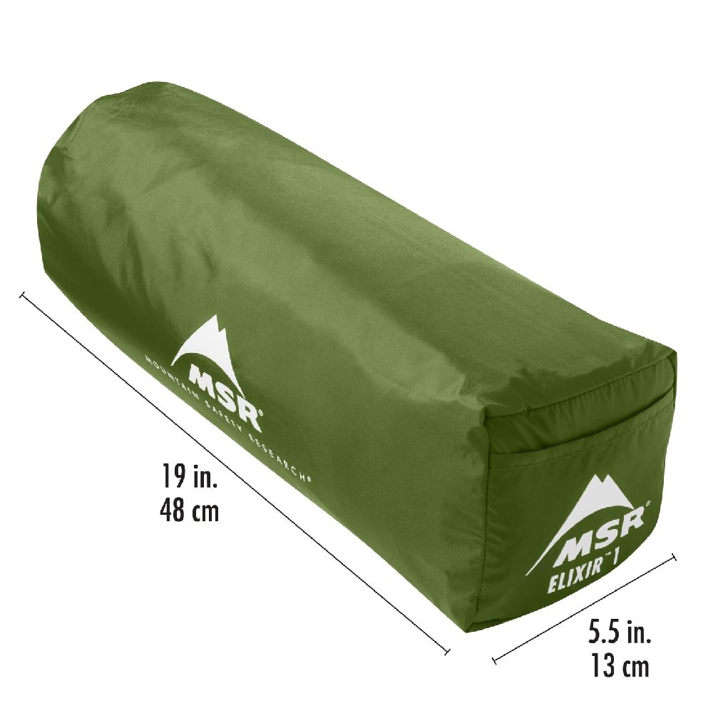 MSR Elixir 1 Tent Green V2 packed away in back with dimensions