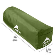 MSR Elixir 1 Tent Green V2 packed away in back with dimensions