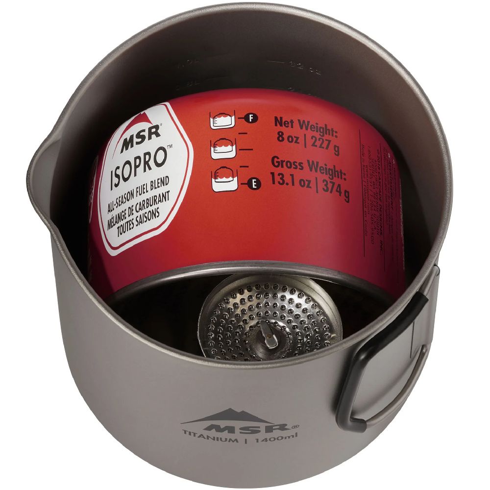 MSR Titan Kettle with camping stove packed away inside it