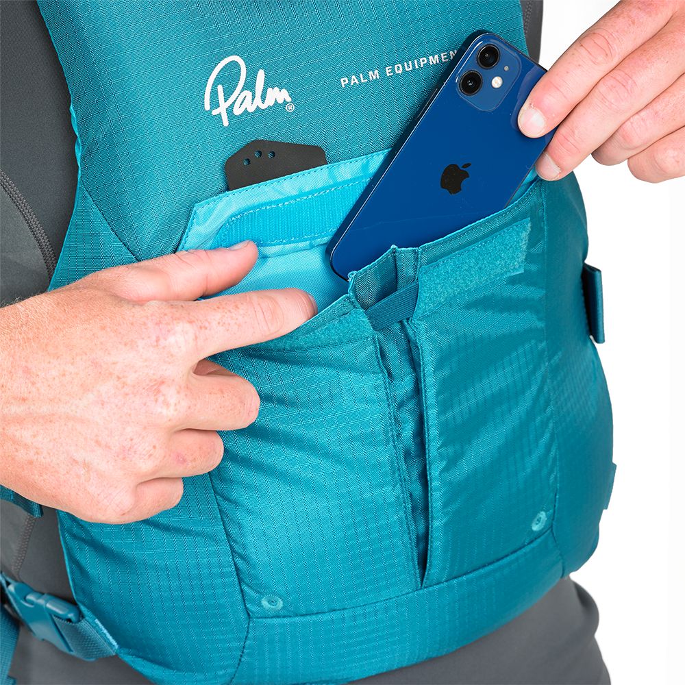 Palm Solo SUP Vest Buoyancy Aid PFD teal zoom on front pocket with phone