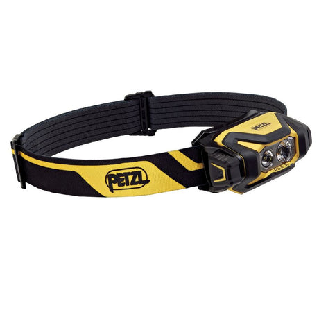 Black and yellow Petzl Pixa R headlamp with Petzl logo on a white background