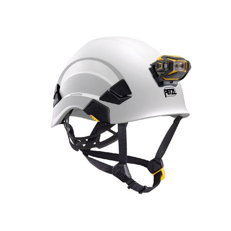 White helmet with black straps and a Petzl Pixa R on a white background