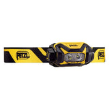 Yellow and black Petzl Pixa R headlamp with Petzl logo on a white background